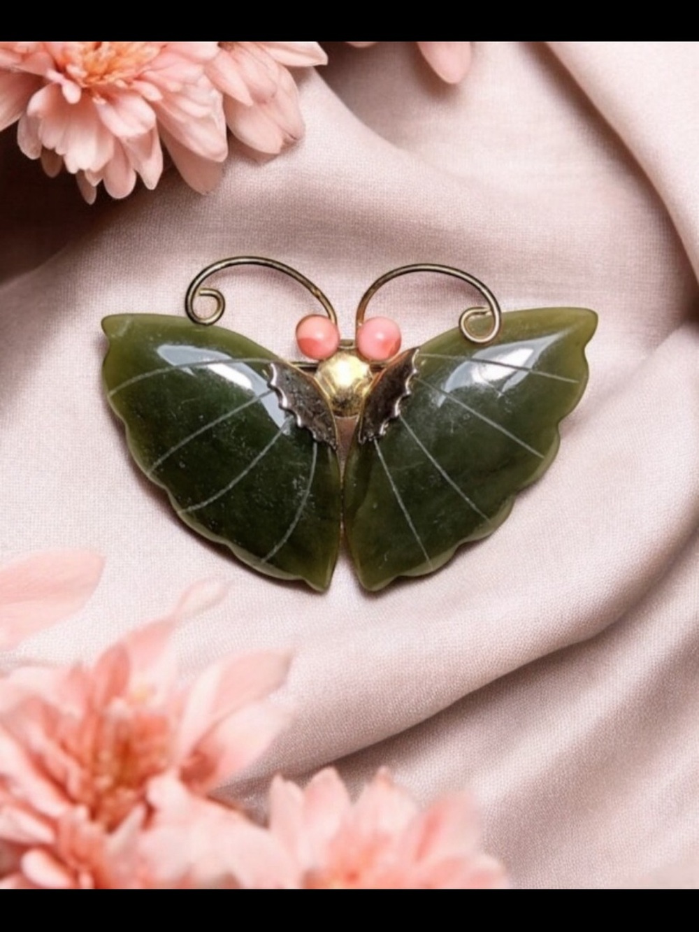 Vintage Jade Coral Butterfly Pendant Brooch Pin Gold Tone Art Deco